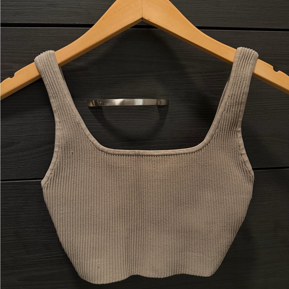 Aritzia Ribbed Square-Neck Crop Tank Top - Taupe